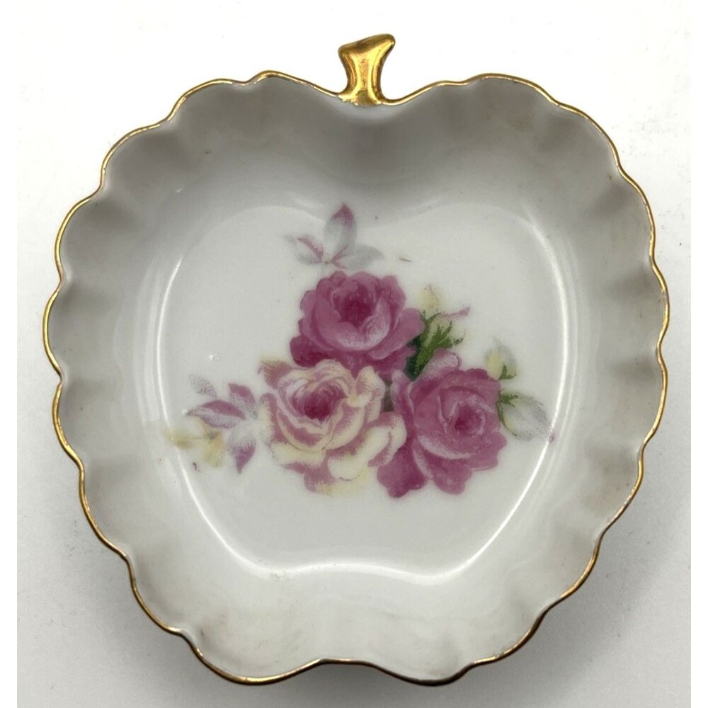 Vintage Made in Japan Apple Shaped Porcelain Floral Scalloped Trinket Dish